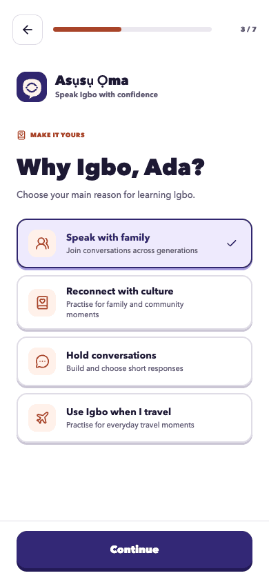 Asụsụ Ọma onboarding screen for choosing a personal reason to learn Igbo